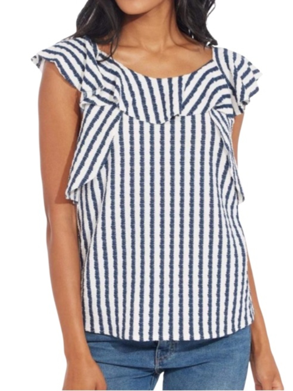 Eva Franco by Anthropologie Striped Navy and White Ruffle Sleeve Top. Size L